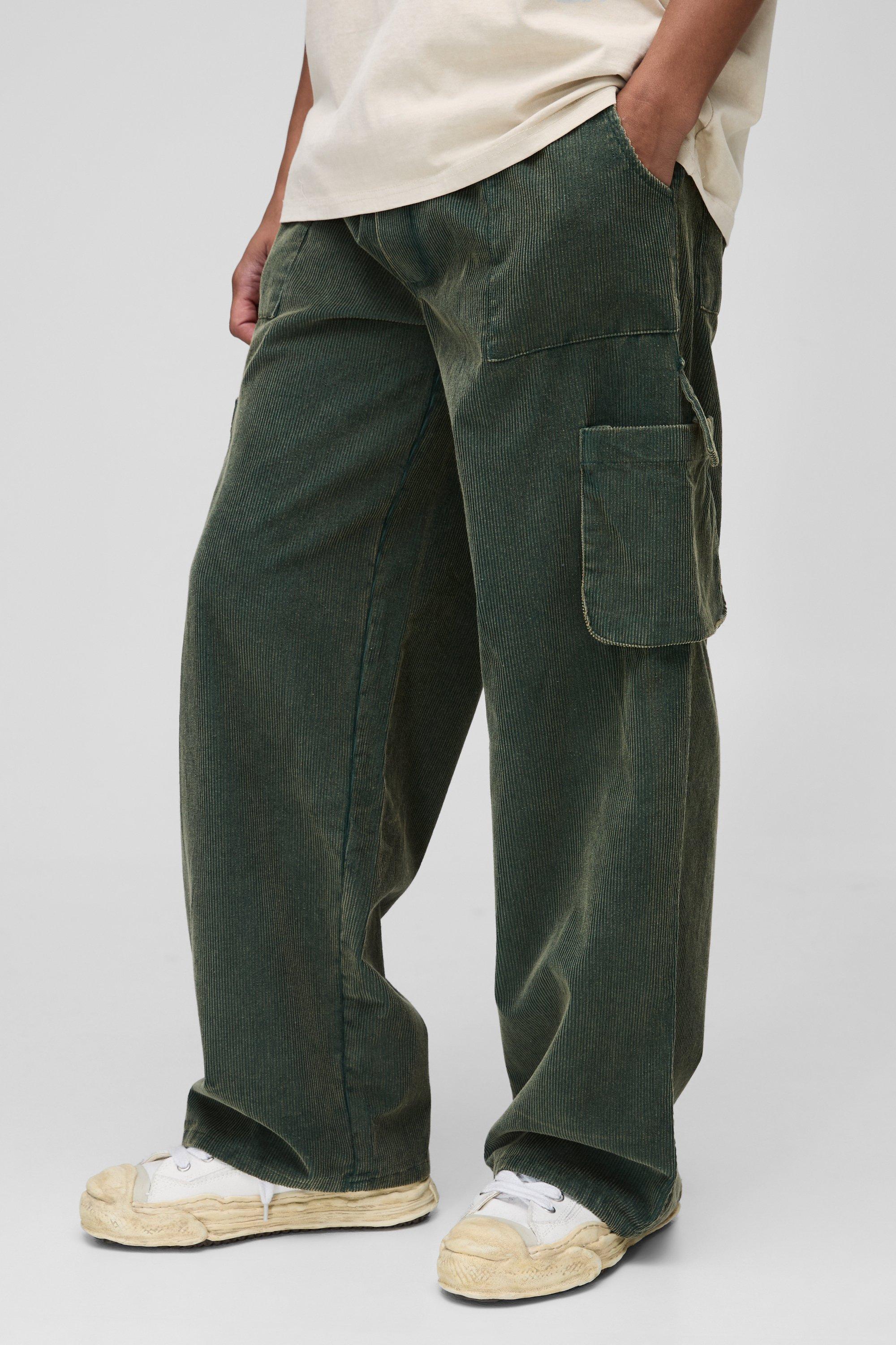 Mens Green Elasticated Waist Baggy Acid Wash Corduroy Cargo Trouser, Green
